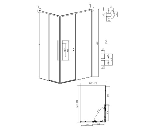 Душевое ограждение Grossman Galaxy 1/2.K33.01.10.10.00-1/2.K33.01.70.10.00 (100х70х195) раздвижная,хром,стекло прозрачное