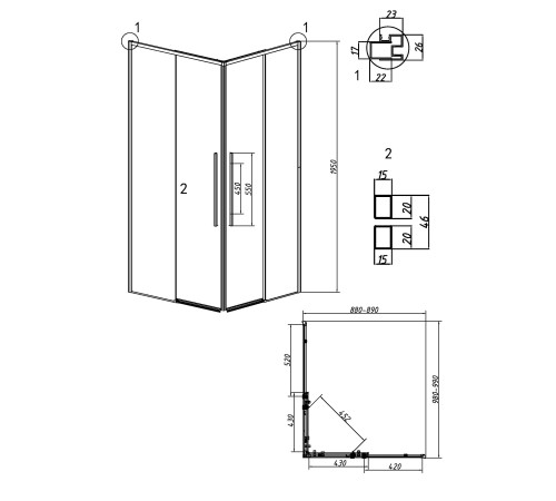 Душевое ограждение Grossman Galaxy 1/2.K33.01.10.42.00-1/2.K33.01.90.42.00 (100х90х195) раздвижная,графит сатин,стекло прозрачное