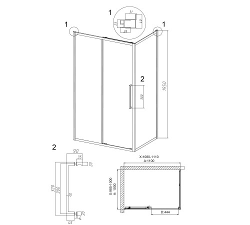 Душевое ограждение Grossman Cosmo 100.K33.02.110.21.10-200.K33.02.100.21.10 (110х100х195) раздвижная,черный матовый,стекло тонированное
