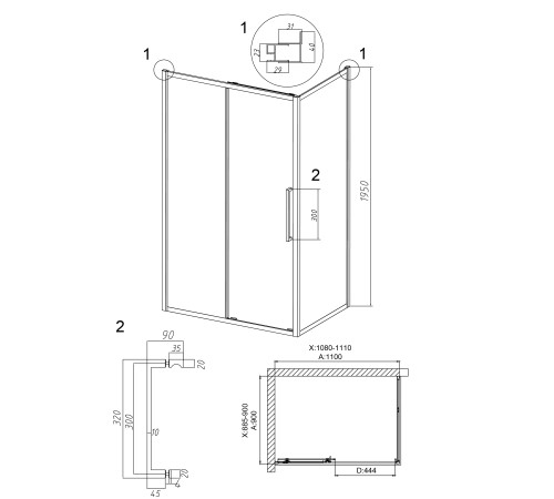 Душевое ограждение Grossman Cosmo 100.K33.02.110.42.00-200.K33.02.90.42.00 (110х90х195) раздвижная,графит сатин,стекло прозрачное