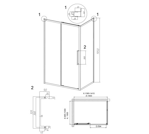 Душевое ограждение Grossman Cosmo 100.K33.02.140.42.00-200.K33.02.100.42.00 (140х100х195) раздвижная,графит сатин,стекло прозрачное