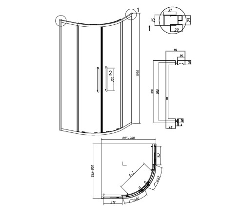 Душевое ограждение Grossman Cosmo 301.K33.02.9090.21.02 (90х90х195) четверть круга,раздвижная,черный матовый,стекло шиншилла