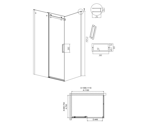 Душевое ограждение Grossman Classic 100.K33.04.110.21.00-200.K33.04.70.21.00 (110х70х195) раздвижная,черный матовый,стекло прозрачное