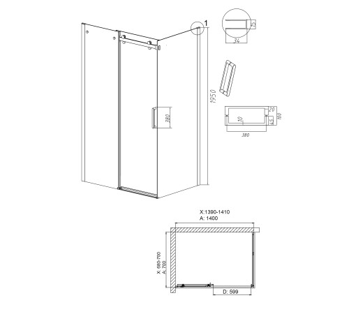 Душевое ограждение Grossman Classic 100.K33.04.140.21.00-200.K33.04.70.21.00 (140х70х195) раздвижная,черный матовый,стекло прозрачное