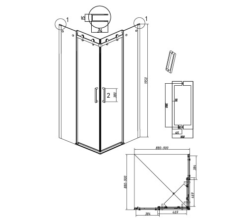 Душевое ограждение Grossman Classic 300.K33.04.9090.21.00 (90х90х195) квадрат,раздвижная,черный матовый,стекло прозрачное
