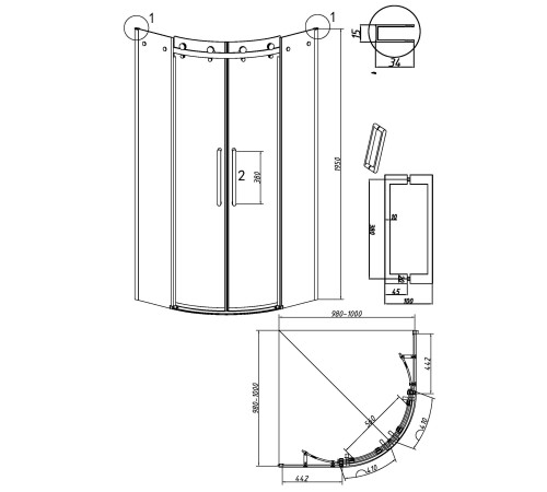Душевое ограждение Grossman Classic 301.K33.04.9090.21.10 (90х90х195) четверть круга,раздвижная,черный матовый,стекло тонированное