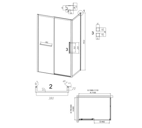 Душевое ограждение Grossman Style 100.K33.05.110.21.02-200.K33.05.80.21.02 (110х80х195) раздвижная(левая),черный матовый,стекло шиншилла
