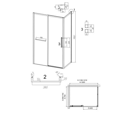 Душевое ограждение Grossman Style 100.K33.05.120.21.02-200.K33.05.70.21.02 (120х70х195) раздвижная(левая),черный матовый,стекло шиншилла