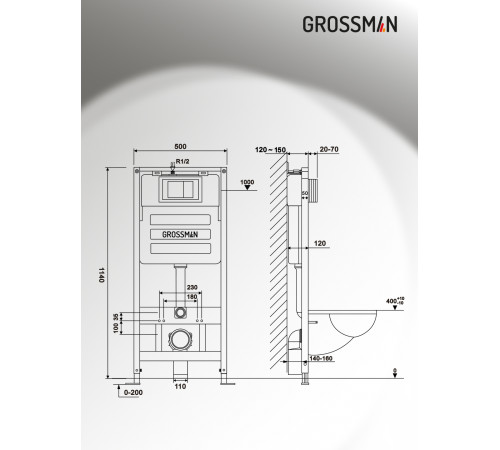 Комплект 3 в 1: Grossman инсталляция 900.K31.01.000+клавиша 700.K31.03.300.300 золото глянцевый+унитаз GR-4411S