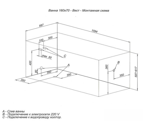 Акриловая ванна Aquanet West 160x70