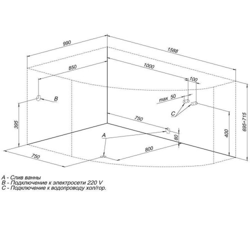 Акриловая ванна Aquanet Capri 160x100 L (с каркасом)