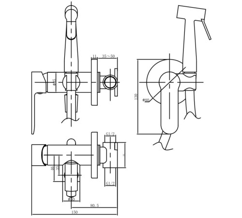 Смеситель с гигиеническим душем Aquanet Passion AF300-52С (с внутренней частью)