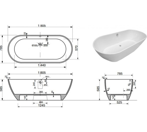 Ванна из искусственного мрамора Aquanet Family Stone 180х80